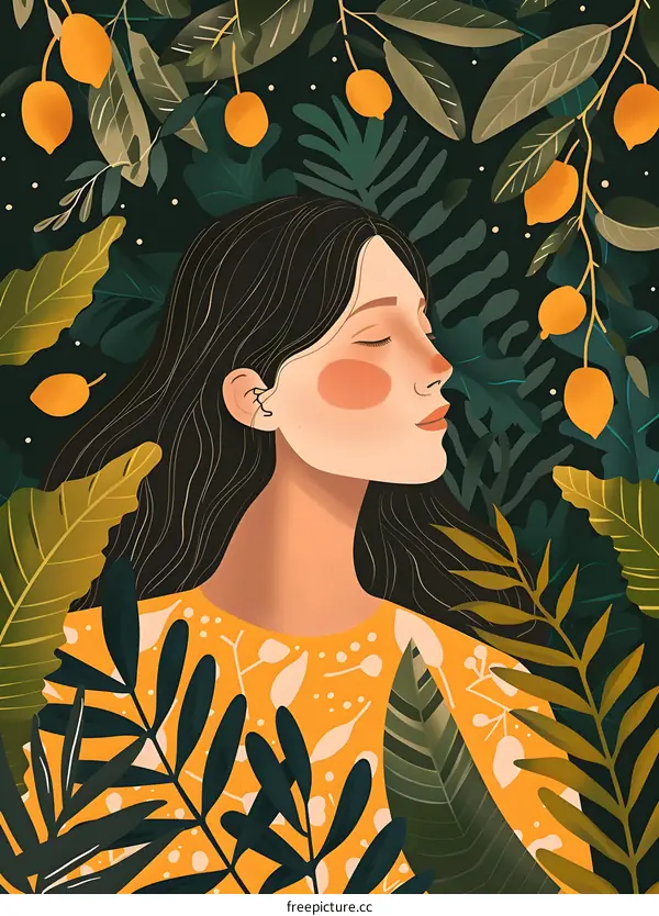 Woman With Closed Eyes Surrounded By Lush Greenery and Lemon Fruit