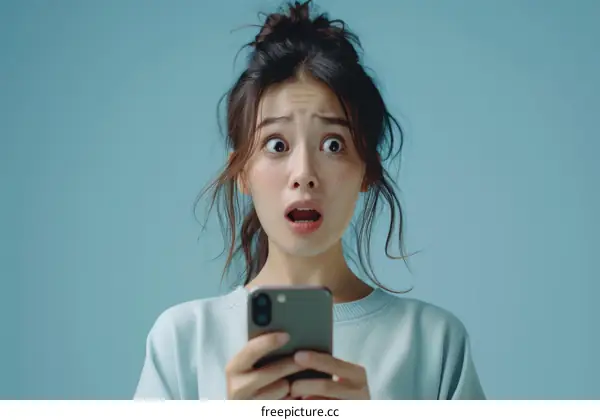 Young Asian woman looking at her phone in shock