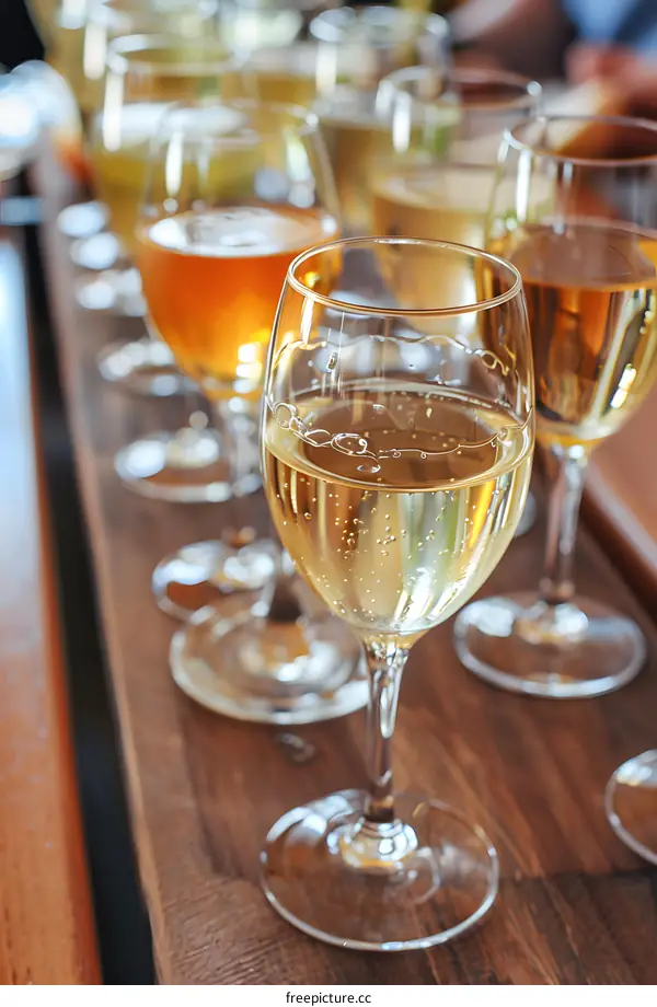 Close Up View Of Glasses Filled With Sparkling Wine On Wooden Table