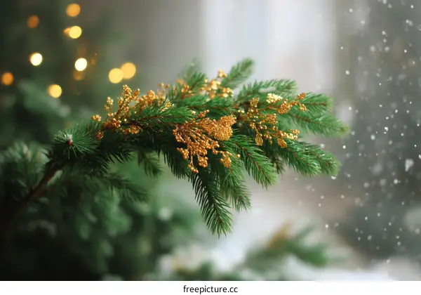 Christmas Tree Branch with Golden Ornaments in Snowy Setting