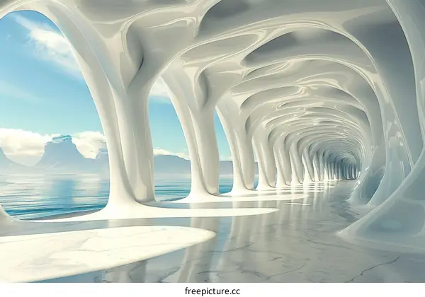 Abstract Futuristic Architectural Tunnel with Ocean View