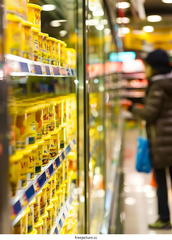 Close Up Of A Grocery Store Shelf With Yellow Cans Of Food