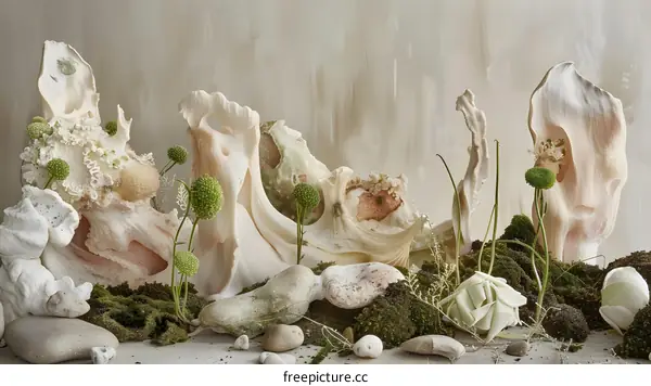 Abstract Still Life Photography with White Shell and Green Plants