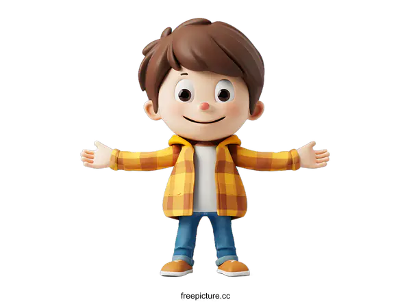 [Transparent Background PNG]A 3D rendering of a happy cartoon boy with brown hair and blue eyes wearing a yellow plaid shirt and blue jeans.
