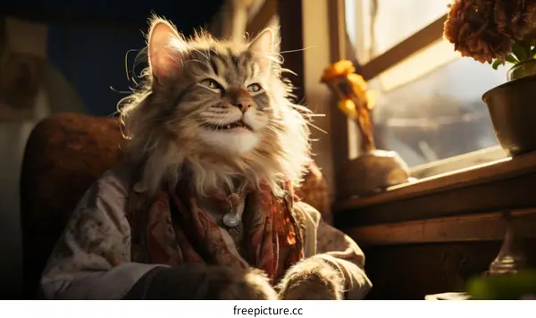 A ginger cat wearing a shirt is sitting on a chair in front of a window