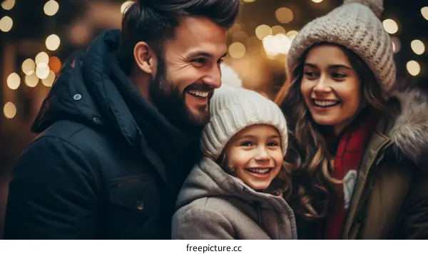 Family of three smiling in front of a Christmas tree