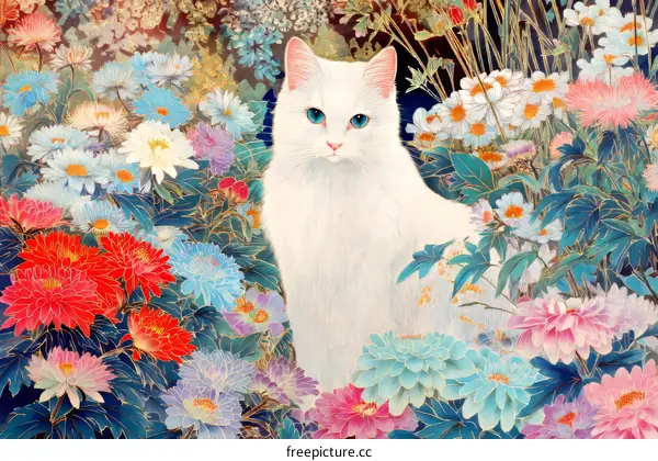 A White Cat Amidst Colorful Flowers