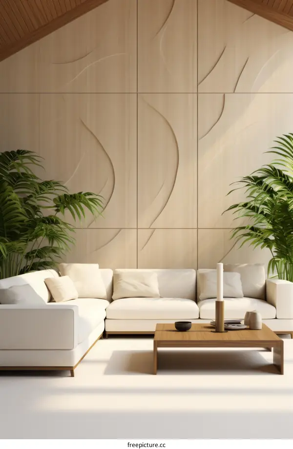 Modern minimalist living room interior with white sofa and wooden wall paneling