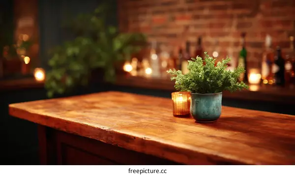 Rustic Wooden Bar Top with Decorated Potted Plant