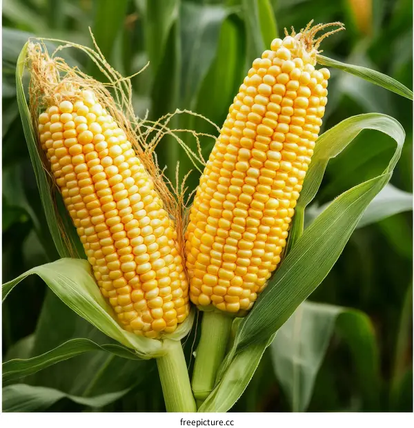 Closeup of Two Yellow Corn Cobs in Field