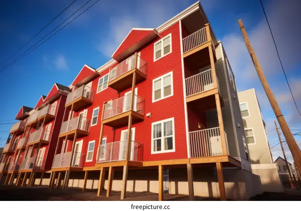 Red apartment buildings with balconies under blue sky