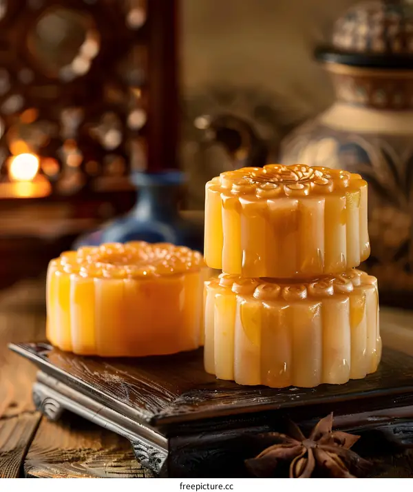 Honey Glazed Mooncakes on Wooden Tray with Star Anise