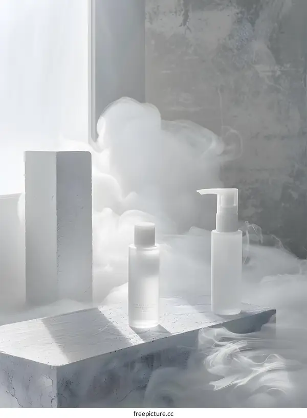 Two white plastic bottles on a white table with white background and white fog