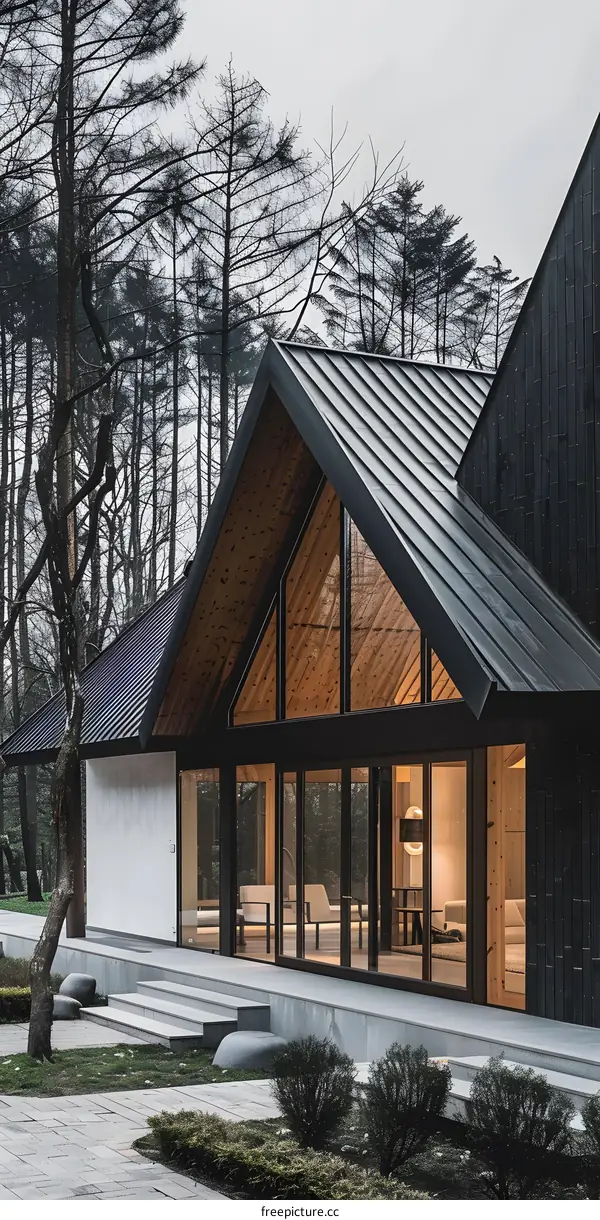 Modern A Frame House With Large Windows And Wooden Beams
