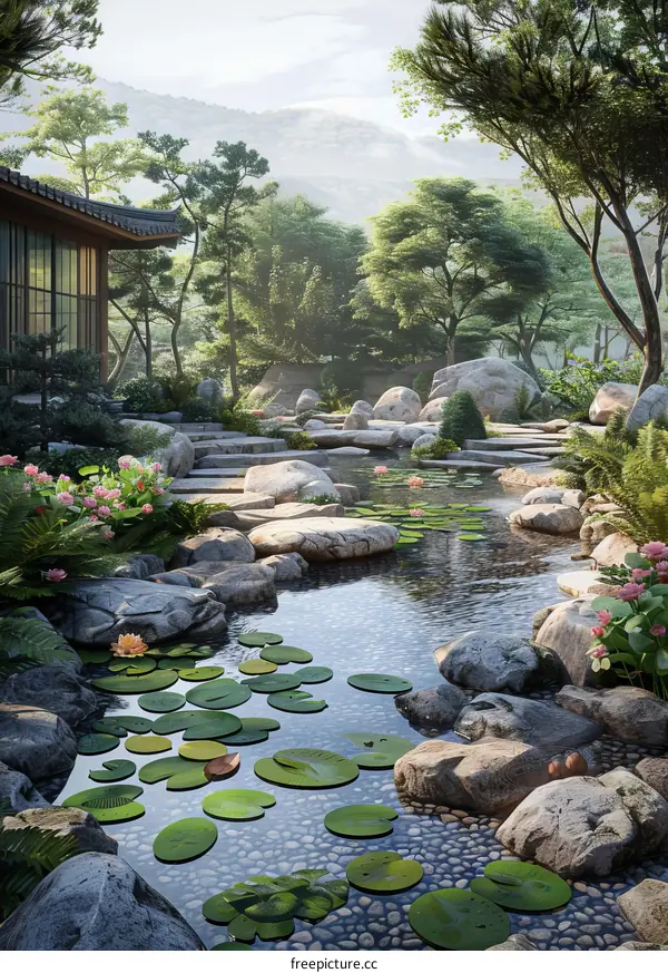 Japanese Garden with Koi Pond and Architecture