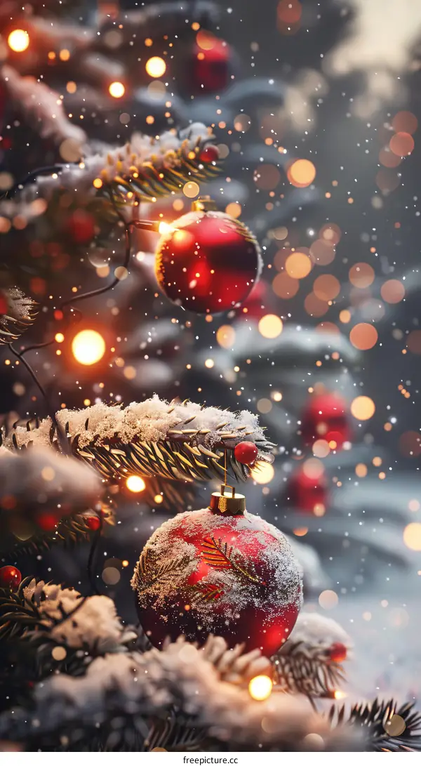 Red Christmas Tree Ornaments and Lights