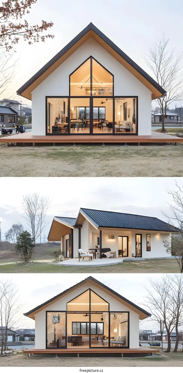 Modern White House with Large Windows and a Wooden Deck