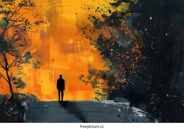 Silhouette of a Man Standing in Front of an Abstract Sunset