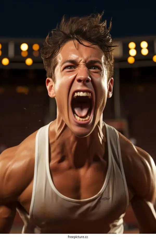 Male runner screaming in determination at a track meet