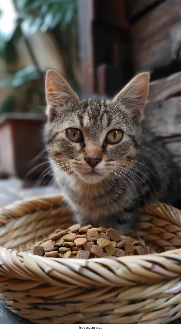 A tabby cat in a basket surrounded by cat food