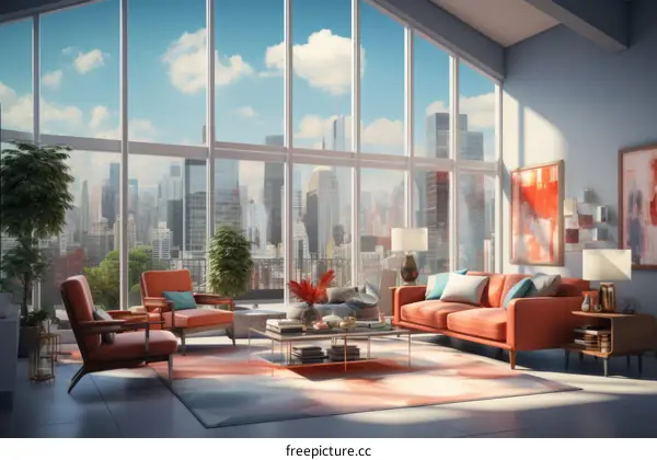 Modern Living Room with Large Windows and City Skyline View