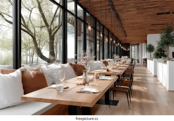 Modern Restaurant with Large Windows and Wooden Tables