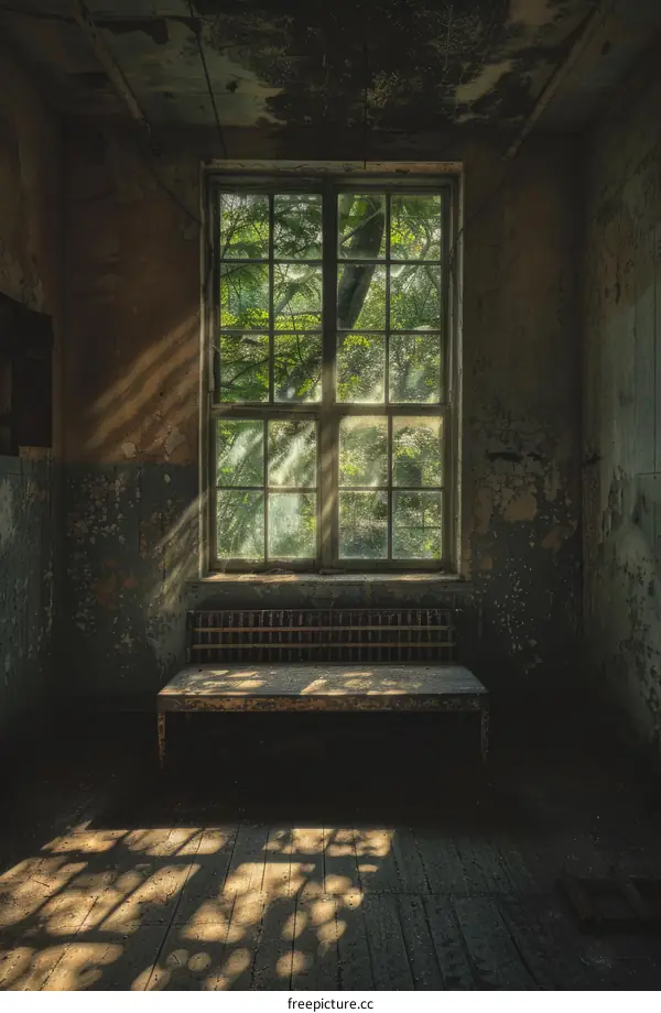 An old abandoned room with a large window