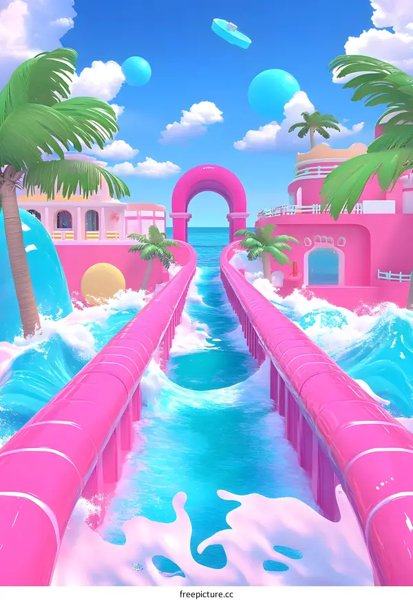 Pink Water Slides on the Ocean