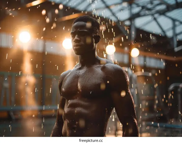 muscular black man standing in the rain