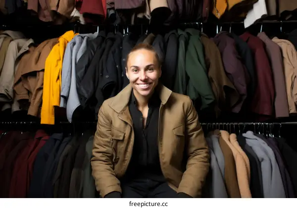 Smiling woman in a brown jacket poses in front of a rack of clothes.