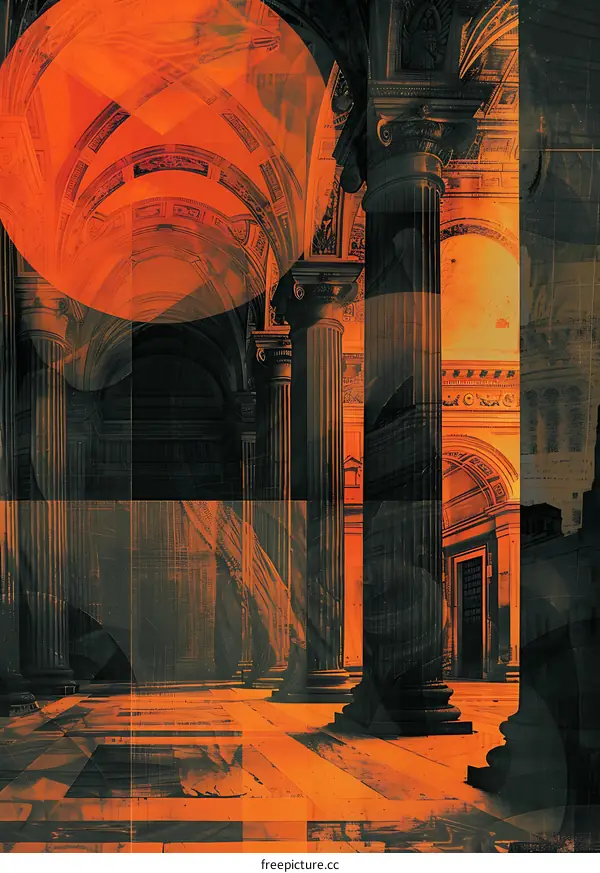 Abstract Illustration of a Building with Columns and an Orange Circle