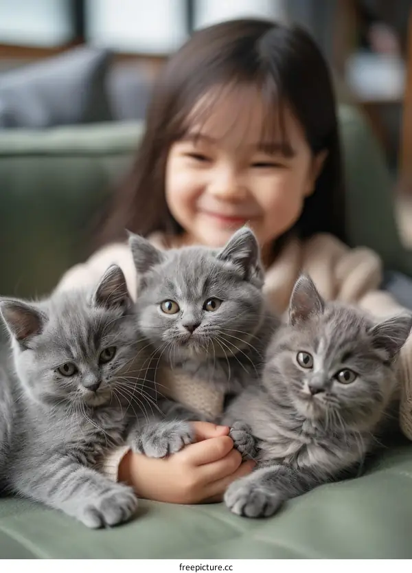 Little girl hugging two British Shorthair kittens