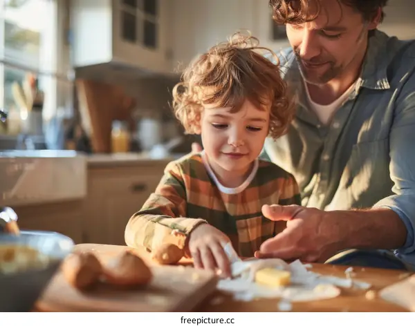 Father and son cooking together in the kitchen