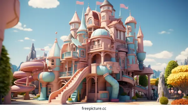 A whimsical and colorful 3D rendering of a pink and blue castle with slides and turrets