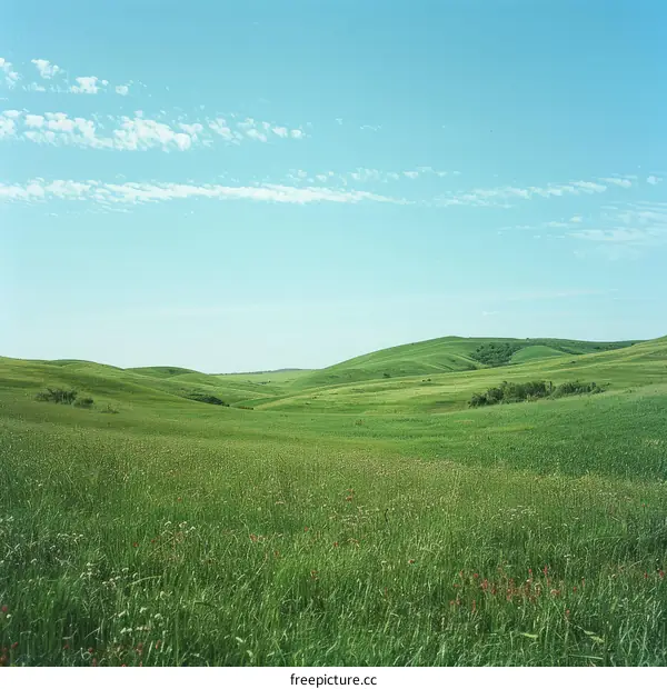 Green rolling hills under blue sky