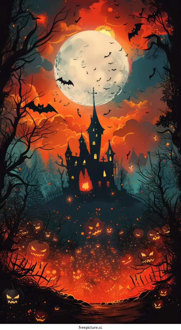 Haunted House with Bats and Pumpkins