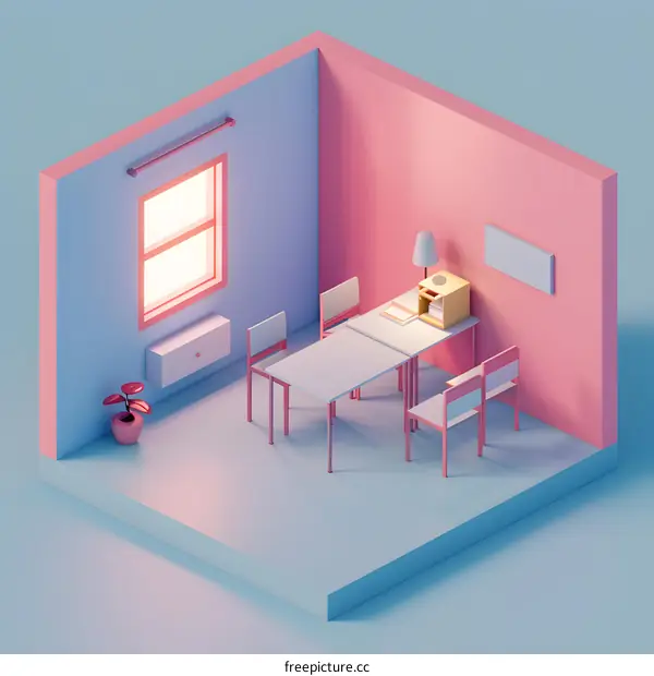 Minimalist 3D Illustration of a Pink and Blue Room with a Table and Chairs