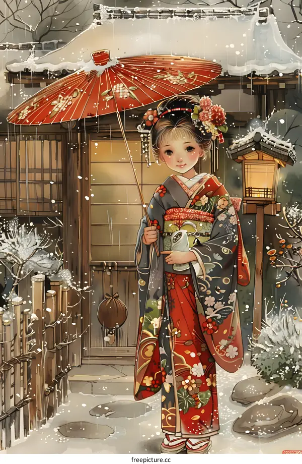 A girl holding an umbrella in a kimono