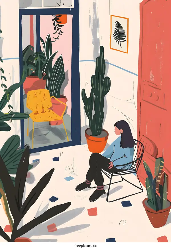 Woman Sitting in Chair with Plants and Door