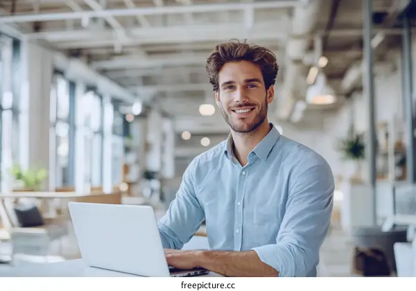 Businessman Working on Laptop in Modern Office