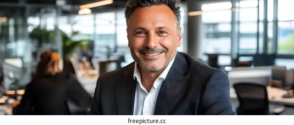 Smiling Businessman in Modern Office Setting
