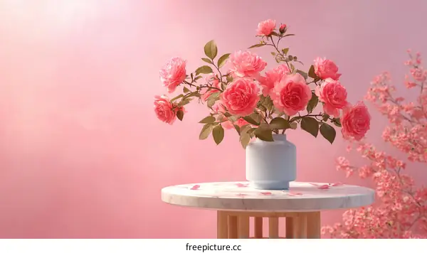 Pink Roses in a Vase on a Marble Table