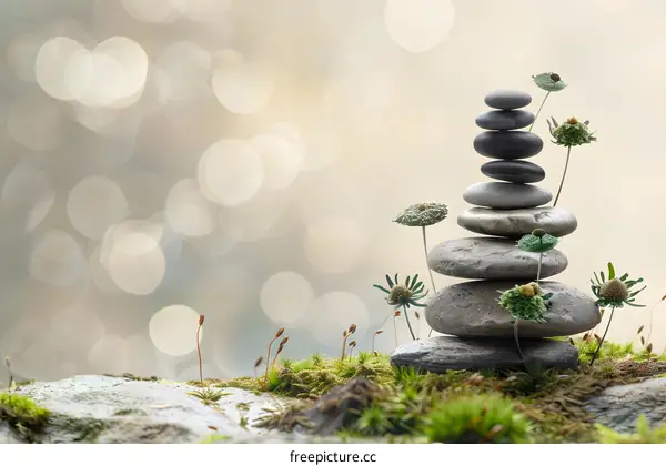 Stack of Stones With Flowers And Bokeh Background