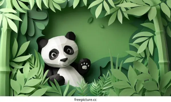 A cute panda waving its paw from behind green foliage