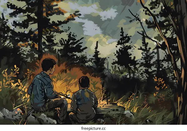 Two Boys Sitting by a Campfire in a Forest