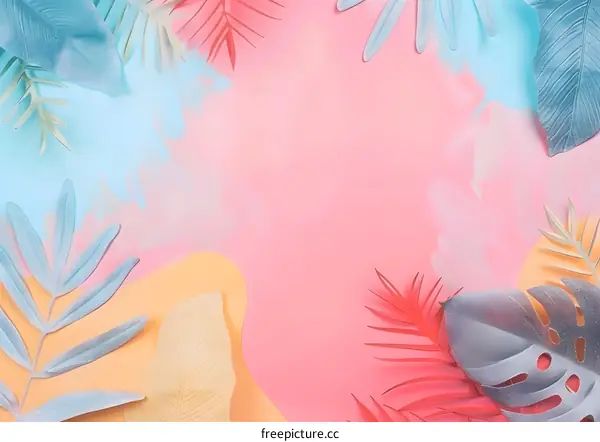 Tropical Leaves on Pink, Blue, and Yellow Background