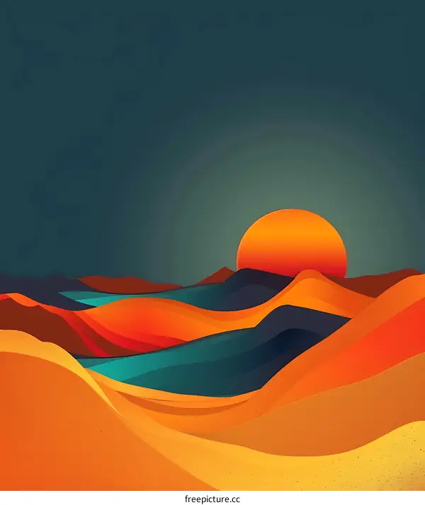 Abstract Sunset Landscape With Wavy Hills