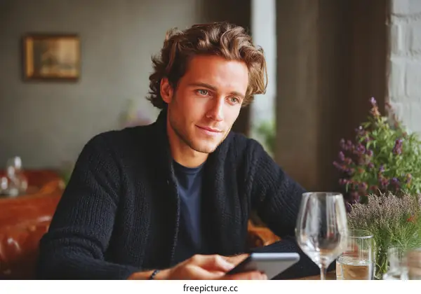 Caucasian Man in a Restaurant Using a Tablet
