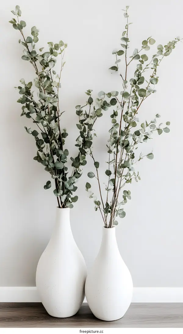 White Vases with Green Eucalyptus Branches