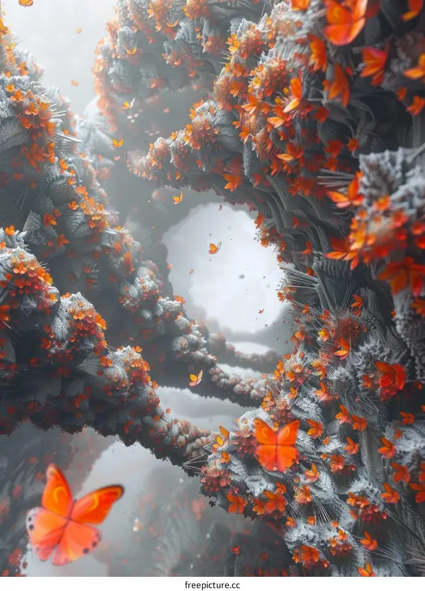 Orange Flower Petals & Butterflies in a Surreal Dreamscape